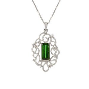 NATURAL GREEN TOURMALINE AND  DIAMONDS ENHANCER IN 14K WHITE GOLD